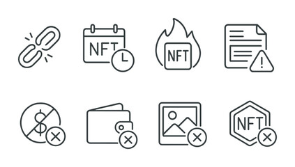 Line style icons of NFT: broken link icon, expired NFT, burned token icon, metadata error, unsupported file alert, failed transaction icon, wallet connection failed, unverified collection.