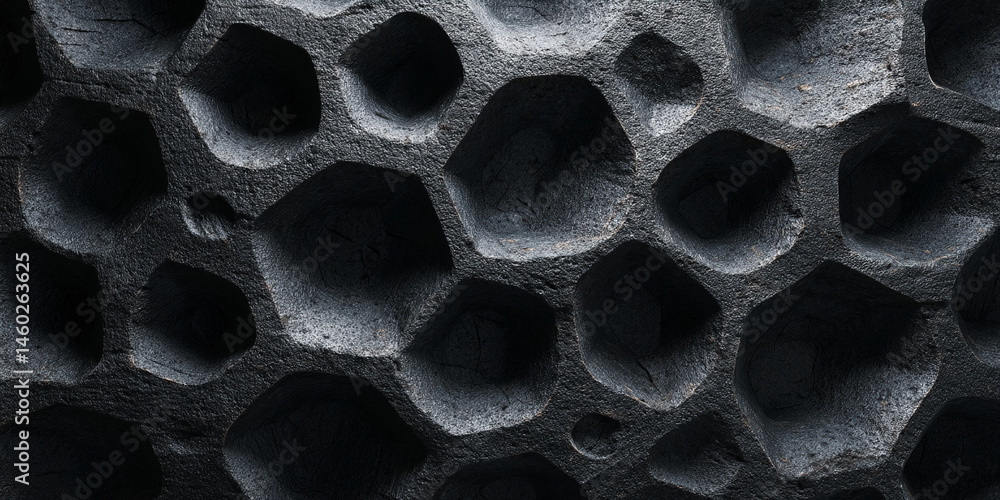 Poster Dark gray textured surface with honeycomb-like recesses, creating a rough and deep pattern, symbolizing strength, mystery, or industrial design