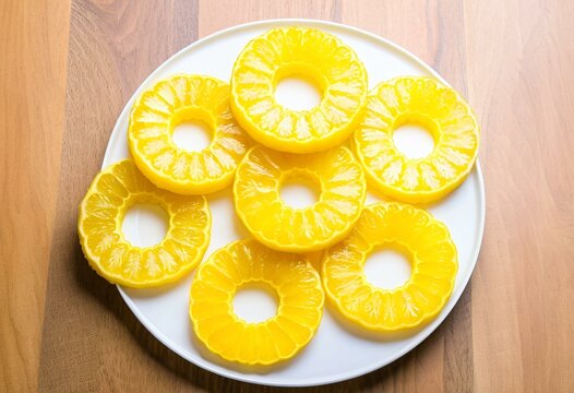 A white plate topped with sliced pineapples on top of a table.