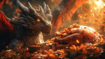Dragon gazes at Thanksgiving turkey feast with autumn foliage and glowing ember jars, an unusual scene on a transparent background, PNG image, PNG file.