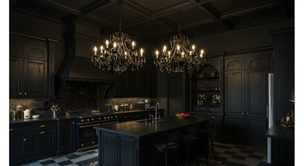 Elegant Black Kitchen Interior With Crystal Chandeliers And Island Countertop