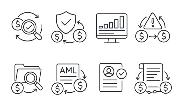 Line style icons of transactions: transaction audit icon, regulatory compliance transaction, transaction monitoring dashboard, suspicious transaction alert, transaction investigation icon, AML check