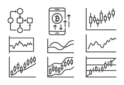 Line style icons of crypto trading: trading strategy builder, trading signals app, crypto technical indicators, RSI indicator graph, MACD indicator lines, moving averages overlay, Bollinger Bands
