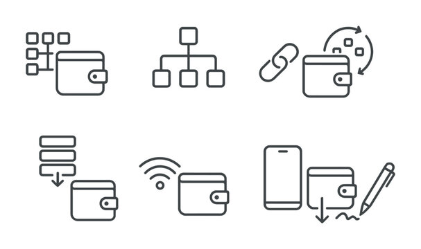 Line style icons of blockchain wallets: light wallet mode, full node wallet, SPV wallet connection, ultra-light wallet sync, blockchain snapshot restore, bandwidth-efficient wallet, mobile data