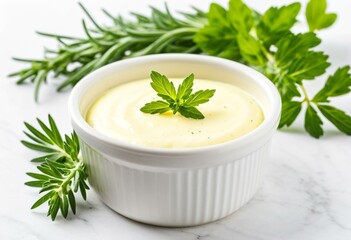 A white bowl filled with butter and a sprig of rosemary.