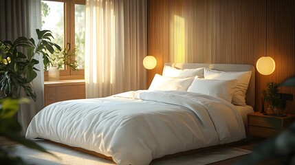 Neatly made bed with white linens and wooden wall in bright sunlit bedroom