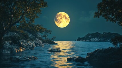 Naklejka premium Full moon over a tranquil coastal scene at night.