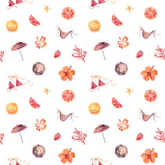 Watercolor seamless pattern tropical beach party. Disco ball, swimsuit, tropical flowers, sun - watercolor, sketch style background