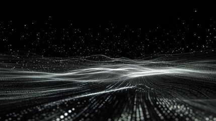 Abstract digital landscape.  A mesmerizing array of light particles,  forming undulating  waves and hills against a dark backdrop.  Intricate network of  dots and lines