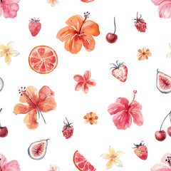 Sketchy watercolor pattern with tropical flowers and ripe fruits on white – seamless summer design