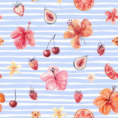Watercolor seamless pattern with tropical flowers and fruits and on a blue striped pattern background