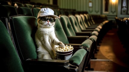 A cat wearing 3D glasses and a hat sitting in a movie theater