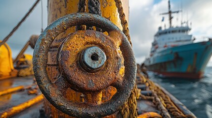 Rusty control wheel on a ship, close-up view with ropes and another vessel in the background