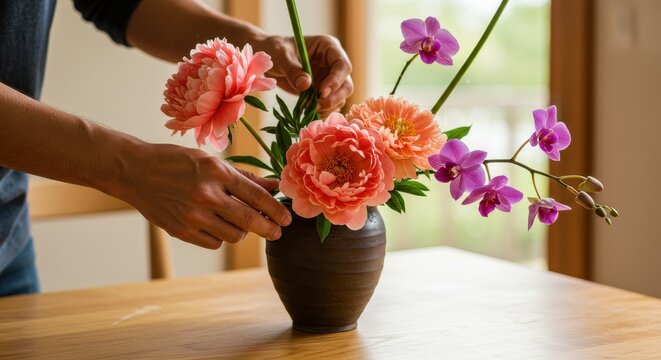 Ikebana Flower Arrangement: Peonies, Orchids, and Dahlias in a Ceramic Vase - Powered by Adobe