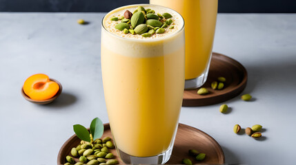 A tall matte glass filled with apricot lassi, slightly frothy top, garnished with crushed pistachios and cardamom powder.