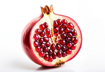 A pomegranate cut in half on a white background.
