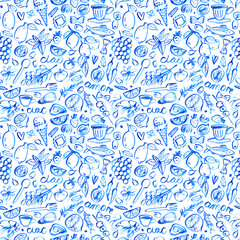 Stylish seamless pattern sketch with Italian summer mood – pasta, citrus, seafood, gelato, coffee and romantic Mediterranean