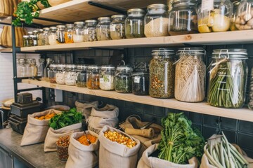 A zero-waste kitchen organizes glass jars and cloth bags in a clean, structured environment