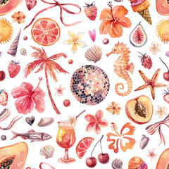 Vibrant summer seamless watercolor with tropical fruits, ocean life and festive details – ideal for fabric and wrapping