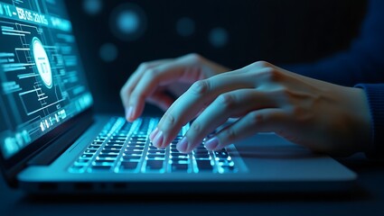 Woman Typing on illuminated Laptop with Security Interface Concept