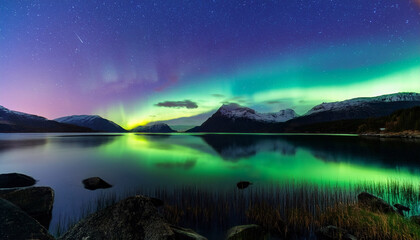 stunning display of northern lights over calm lake at night generative ai