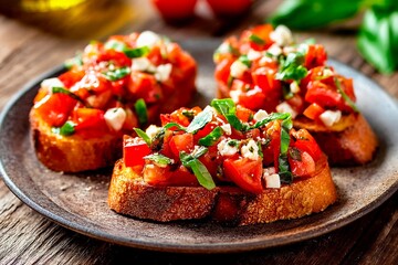 Fresh bruschetta is beautifully arranged on a dark plate, showcasing diced tomatoes, herbs, and cheese atop crispy bread slices. A warm, inviting atmosphere surrounds the dish