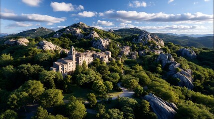 Fototapeta premium Hillside village nestled among rocks and trees