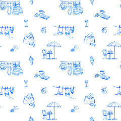 Seamless line art pattern with summer beach vibes – sketchy illustrations of La Dolce Vita mood, swimsuits, lemons, parasol, wine glass, coffee, croissant and book