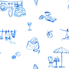 La Dolce Vita seamless pattern – aesthetic summer sketch with beach elements, lemons, wine, coffee, croissant, books and stylish relaxation