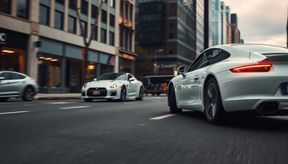 Two white sports cars on city street