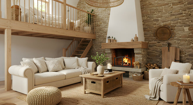 Cozy Rustic Interior With Fireplace And Stone Wall In A Country House
