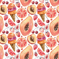 Bright tropical fruit pattern – seamless hand-painted watercolor with papaya, peach, grapefruit and ice cream in artistic sketch style