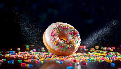 a single frosted donut with colorful sprinkles lands on a dark surface amidst a vibrant shower of confectionery delights