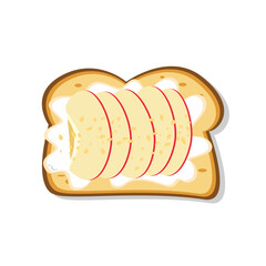 Vector food of toast with cream and thin apple slices. Healthy breakfast illustration ideal for menu design, food packaging, and nutrition-themed creative content.