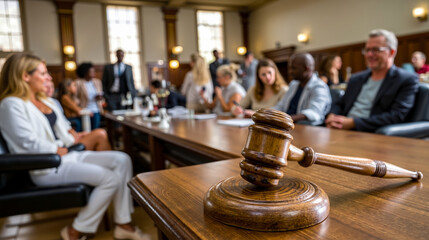 A judge's gavel sitting on top of a wooden table in front of a group of people