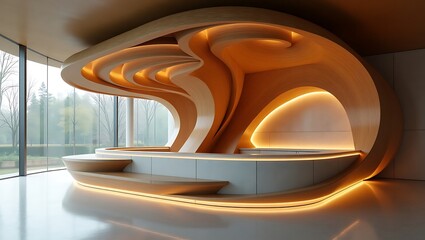 Sophisticated architectural design with fluid wooden forms and ambient lighting