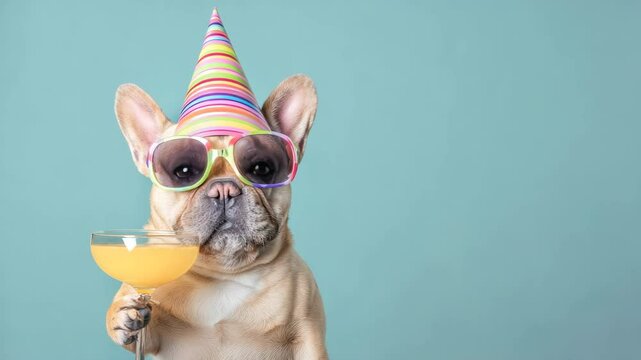Adorable french bulldog in rainbow party hat and sunglasses posing with cocktail glass on light blue backdrop. Concept of humor and festive celebration