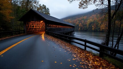 Fototapeta premium A historic covered bridge surrounded by autumn leaves