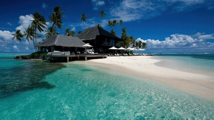 Fototapeta premium A luxurious private island with white sandy beaches and palm trees