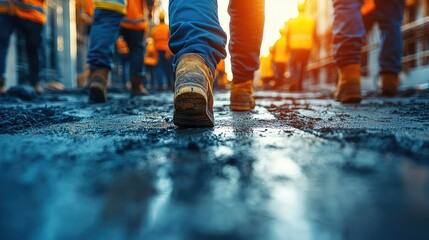 Workers walking construction site sunset.