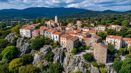 Obraz premium Idyllic hilltop village nestled amidst verdant landscape