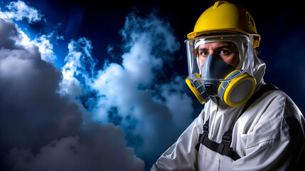 A man wearing a gas mask and a hard hat