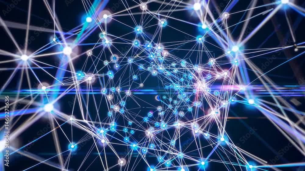 Poster digital network spinning and glowing, connecting dots and lines on a dark background, creating a com