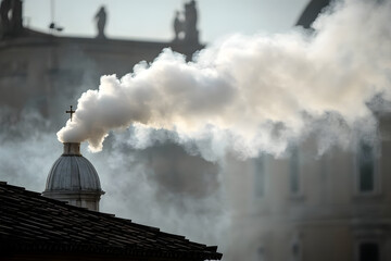 White smoke rises from the chapel chimney, indicating the successful election of a new pope during the papal conclave.