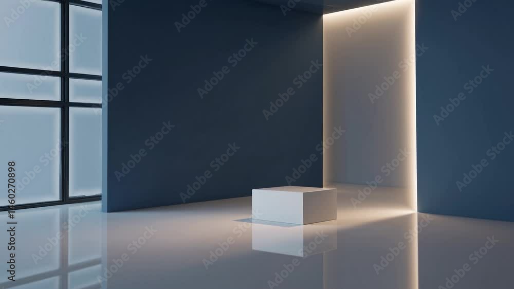 Aufkleber rotating empty pedestal standing in minimalist showroom with blue walls and large window, serving vi