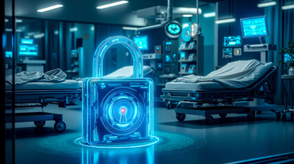 A hospital room with a padlock in the middle of it