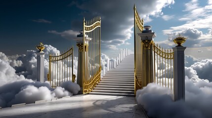 A golden gate in the middle of a stairway leading to the top of a mountain