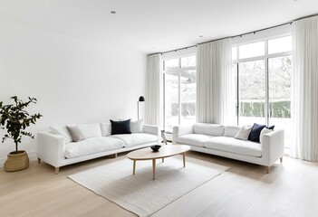 Fototapeta premium A living room with white furniture and large windows.