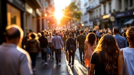 A crowd of people walking down a city street at sunset