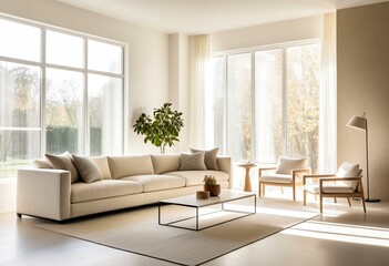 Fototapeta premium A living room with a white couch and a white coffee table.
